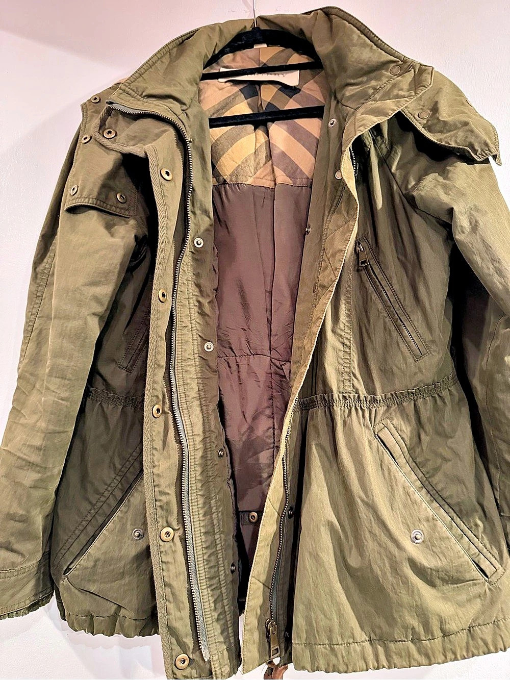 Burberry Olive Green Hooded Check-Lined Utility Jacket Medium